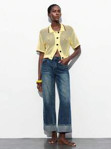 Maija Áo khoác cardigan len cổ tròn dáng rộng trễ vai mùa thu 2025, áo khoác ngoài công sở khoét lỗ phong cách du lịch cho nữ, đồ đi biển - Màu vàng - Xem 2