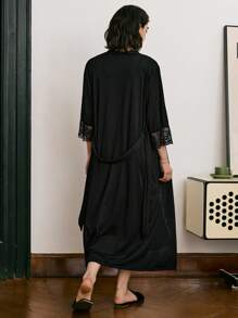 Mature & Elegant Lace Patchwork Sexy Women's Pajama Set, Fall Clothes - Black - View 2