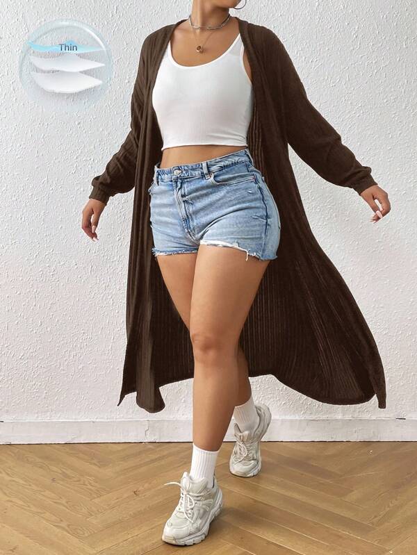 SHEIN EZwear Women Plus Size Solid Color Drop Shoulder Long Sleeve Ribbed Casual Long Knitted Cardigan