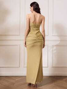 Briarwyn 优雅纯色褶皱紧身连衣裙，秋季女装，复古风女装，女士度假装，优雅派对连衣裙 - 杏色 - 查看 3