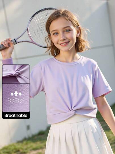 JNSQ Camiseta suelta de cuello redondo con diseño de nudo de empalme para deportes al aire libre para niñas preadolescentes, de vuelta a la escuela