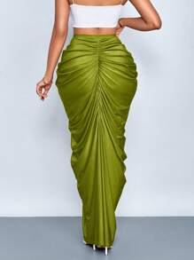 SOLERSUN Váy xếp ly màu trơn thời trang nữ - Màu xanh Ô liu - Xem 2