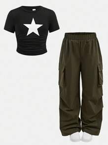 SHEIN Girlism 2 件套青少年女孩星星印花紧身 T 恤 + 宽松工装裤，休闲时尚百搭开学装 - 黑色 - 查看 13