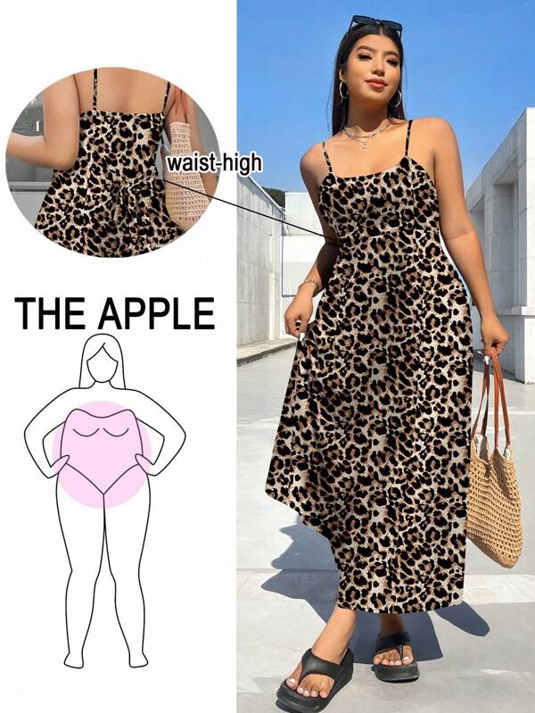 SHEIN EZwear Vestido de talla grande sin mangas con estampado de leopardo, espalda descubierta y cintura ajustable, para primavera/verano