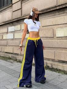 Coolane 男女夏季狂欢节街头运动休闲撞色条纹纹理装饰弹性腰带深蓝色和黄色阔腿运动裤 - 藏蓝色 - 查看 3