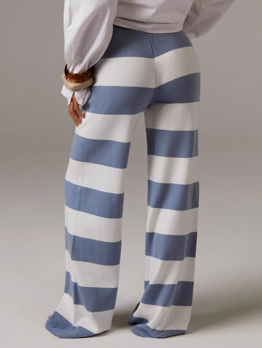 休闲拼色条纹阔腿针织裤 - 彩色 - 查看 1