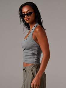 Athîral 女式挂脖铆钉硬质孔眼针织上衣 - 深灰色 - 查看 6