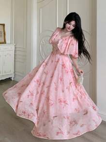 Modelyn Women's V-Neck Cape Design Floral Print Chiffon Waist Flared Dress - Pink - View 3