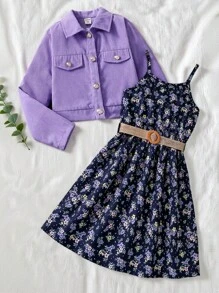 SHEIN Vintaside Kids Conjunto de 2 peças para meninas pré-adolescentes: jaqueta de cor sólida e vestido floral ditsy, primavera outono