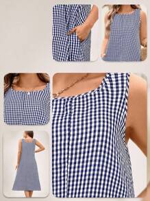 SHEIN LUNE Vestido largo de verano casual y holgado con bolsillos para mujer talla grande a cuadros