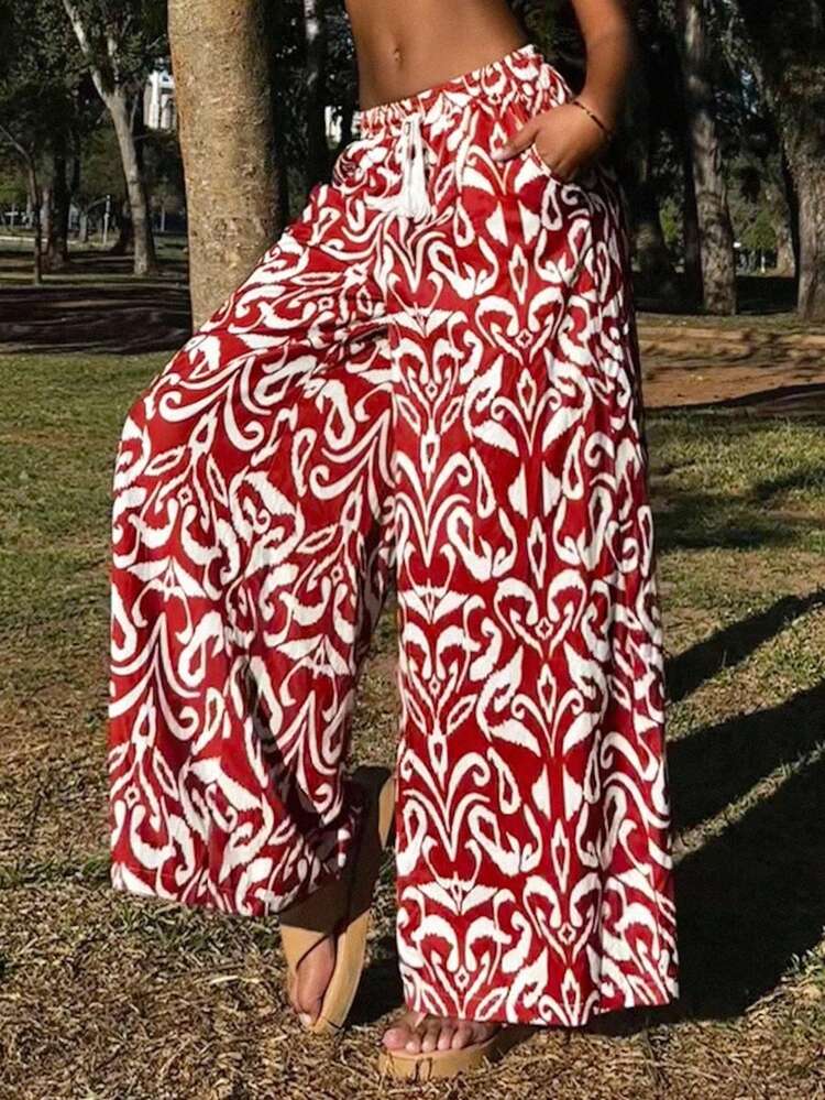 Bohemian Style Printed High Waist Drawstring Loose Wide Leg Pants, Casual Sweatpants, Lightweight Summer