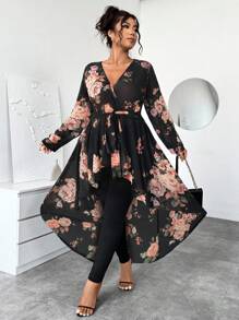 Elenzga 大码女式 2 件套优雅黑色背景大花雪纺长袖 V 领摆束腰上衣和紧身打底裤服装 - 彩色 - 查看 6