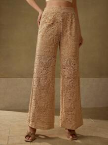 MOTF PREMIUM GUIPURE LACE WIDE LEG SUIT PANTS - Coffee Brown - View 1