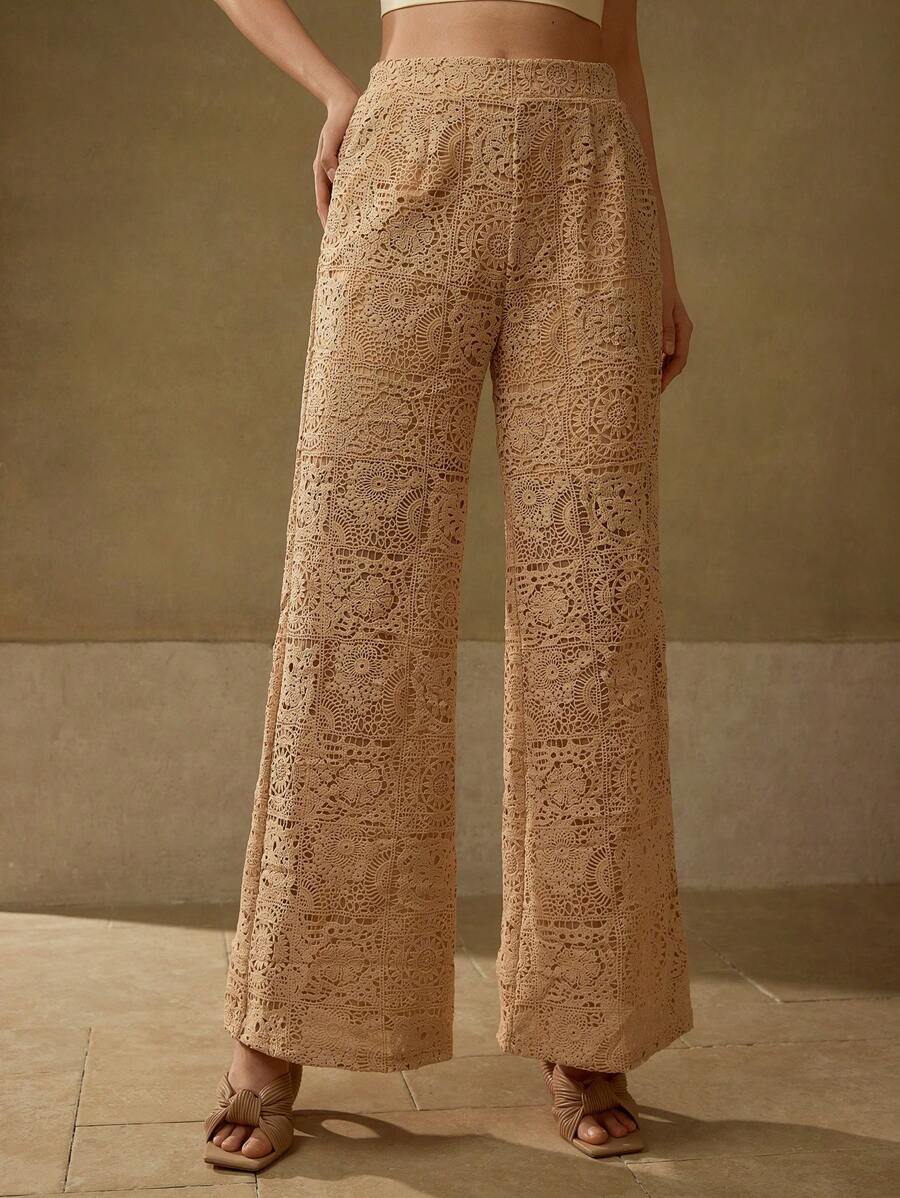 MOTF PREMIUM GUIPURE LACE WIDE LEG SUIT PANTS - Coffee Brown - View 1