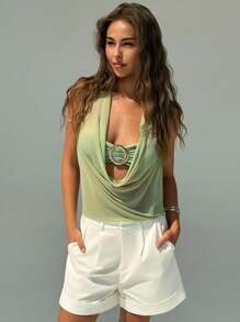 Aloruh New Sexy Semi-Sheer Plunging Neck Metal Decor Open Back Camisole,Off The Shoulder Top