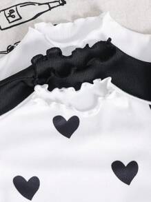 SHEIN 3 件装少女百搭立领泡泡袖心形印花修身长袖 T 恤，休闲百搭，适合秋冬 - 彩色 - 查看 3