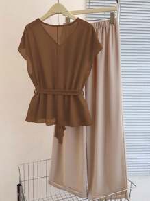 Franclia Damen Lässig Sommer Orange Kurzarm Top und Hose 2-teiliges Set im Maillard-Stil Sommer Braun Kleidung für Universität - Braun - Übersicht 2