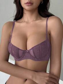 DAZY 网纱撞色蕾丝轻薄加厚性感文胸女士内衣 - 中紫紅色 - 查看 4