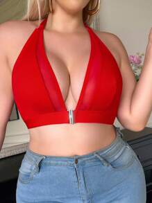 SHEIN Esselle Plus Size Solid Color No Underwire Halter Neck Splicing Mesh Bra - Red - View 3