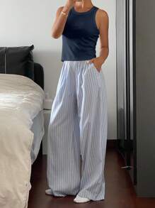 DAZY 2 件套女士休闲纯色吊带背心和条纹图案宽松睡裤套装，舒适睡衣 - 藏蓝色 - 查看 6