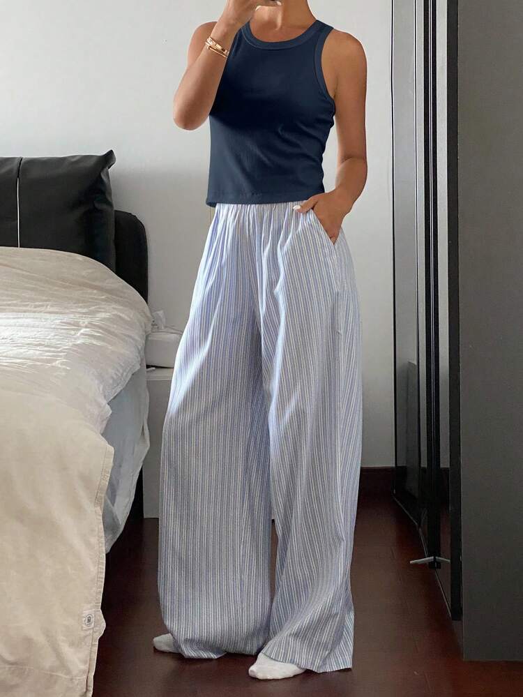 2pcs Women Casual Solid Color Camisole Top And Stripe Pattern Loose Pajama Pants Set, Comfortable Sleepwear
