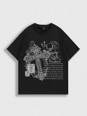 Street Life T-shirt à manches courtes décontracté ample pour hommes avec imprimé slogan et croix