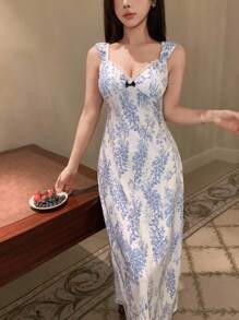 DAZY Plant Pattern Full Print Cinched Waist Long Slip Dress For Women - Blue - View 6