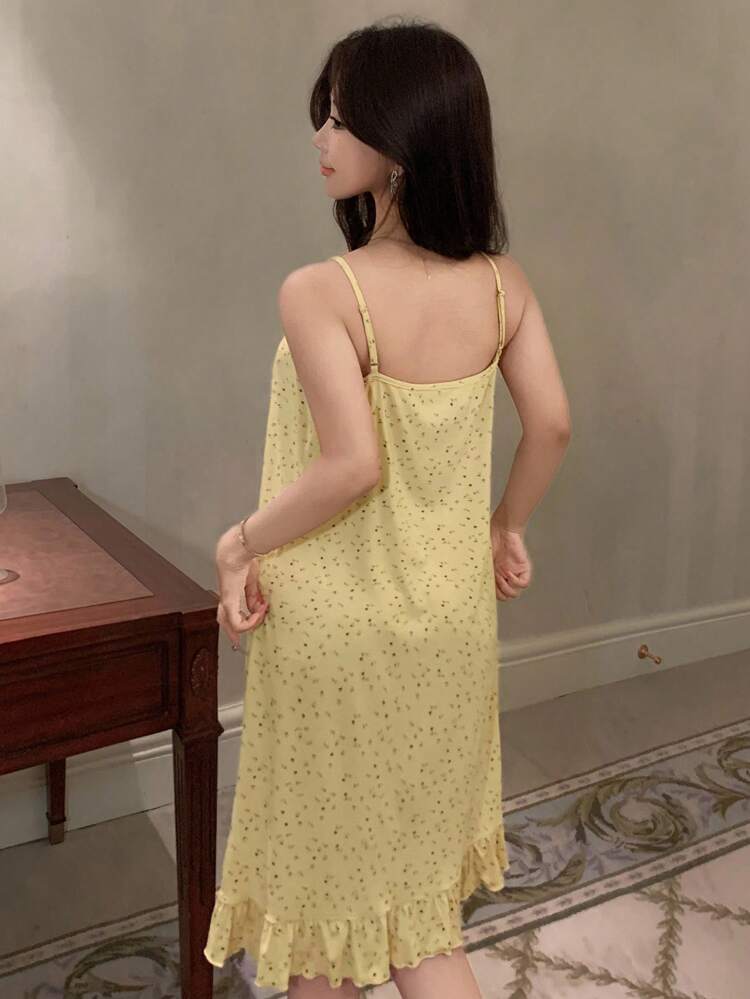Women's Casual Ditsy Floral Ruffled Hem Slip Dress For Summer Pajama