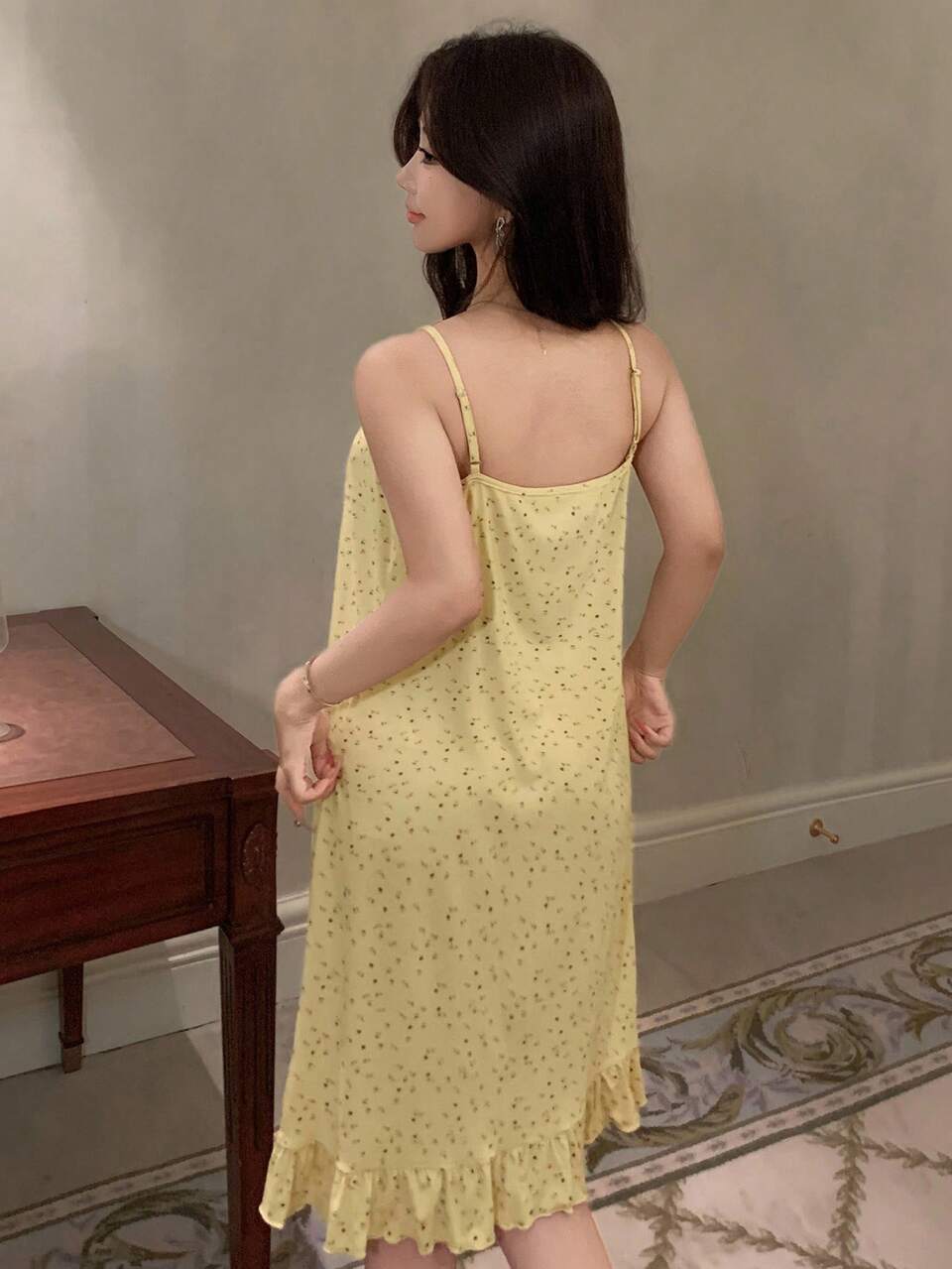 Women's Casual Ditsy Floral Ruffled Hem Slip Dress For Summer Pajama