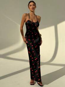 Aloruh 女士休闲优雅高开衩至大腿褶饰长款吊带裙，适合夏季日常穿着，樱桃印花