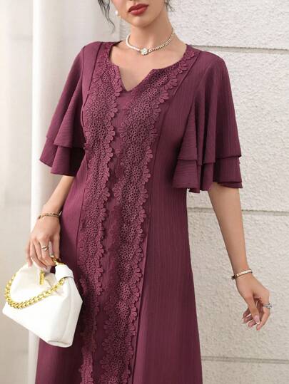 Al Najma 女士优雅纯色蕾丝拼布阿拉伯风格连衣裙