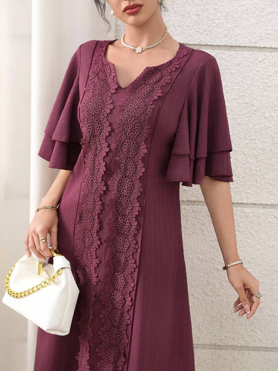 Al Najma Women's Elegant Solid Color Lace Patchwork Arabic Style Dress - Purple - View 1