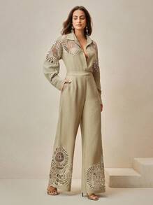 Anewsta 优雅通勤镂空长袖衬衫阔腿裤套装