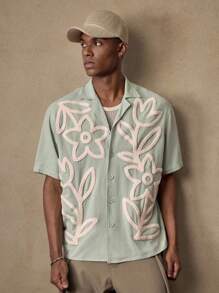 EASEVO Áo sơ mi nam cỡ lớn tay ngắn thêu hoa, kiểu dáng thường ngày, cài một hàng khuy. - màu xanh lá - Xem 4