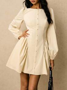 Poéselle Elegantes, einfarbiges Minikleid mit Laternenärmeln und geraffter Taille für Damen, Herbstkleider für Damen, Freizeitkleider, Büro-Outfits für Damen, Business-Casual-Damen, klassische Outfits für Damen, Old-Money-Style für Damen, Herbst-Outfits für Damen - Beige - Übersicht 4
