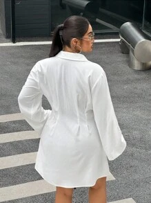 SHEIN EZwear Plus Size Casual White Button-Front Shirt Dress,Adjustable Sleeves,Fall,Winter,Work,Teacher,Business,Office,School,Going Out,Back To School