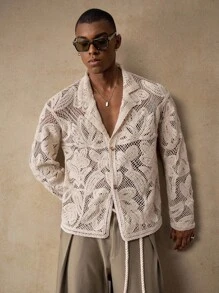 AKNOTIC Business Casual 男士针织时尚休闲宽松长袖西装外套男士钩针衬衫男士针织花衬衫男士开放式针织衬衫花卉钩针男士衬衫，秋季 - 杏色 - 查看 1