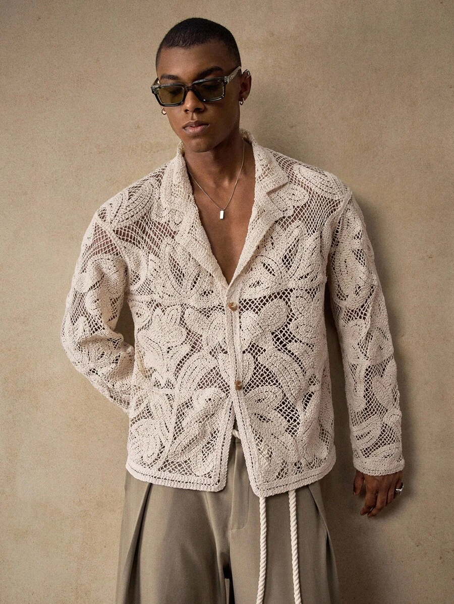 AKNOTIC Business Casual 男士针织时尚休闲宽松长袖西装外套男士钩针衬衫男士针织花衬衫男士开放式针织衬衫花卉钩针男士衬衫，秋季 - 杏色 - 查看 1