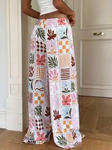 Aloruh 女士秋季花卉印花系腰阔腿裤，度假装夏季海滩度假装 - 彩色 - 查看 3
