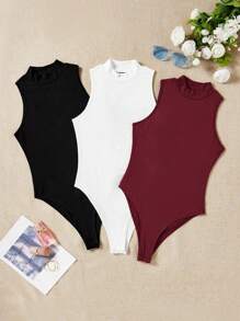 SHEIN EZwear 3pcs/Pack Women Black, White, Maroon Turtleneck Bodysuit Bodysuit, Casual Fitted Bodysuit Suitable For Summer
