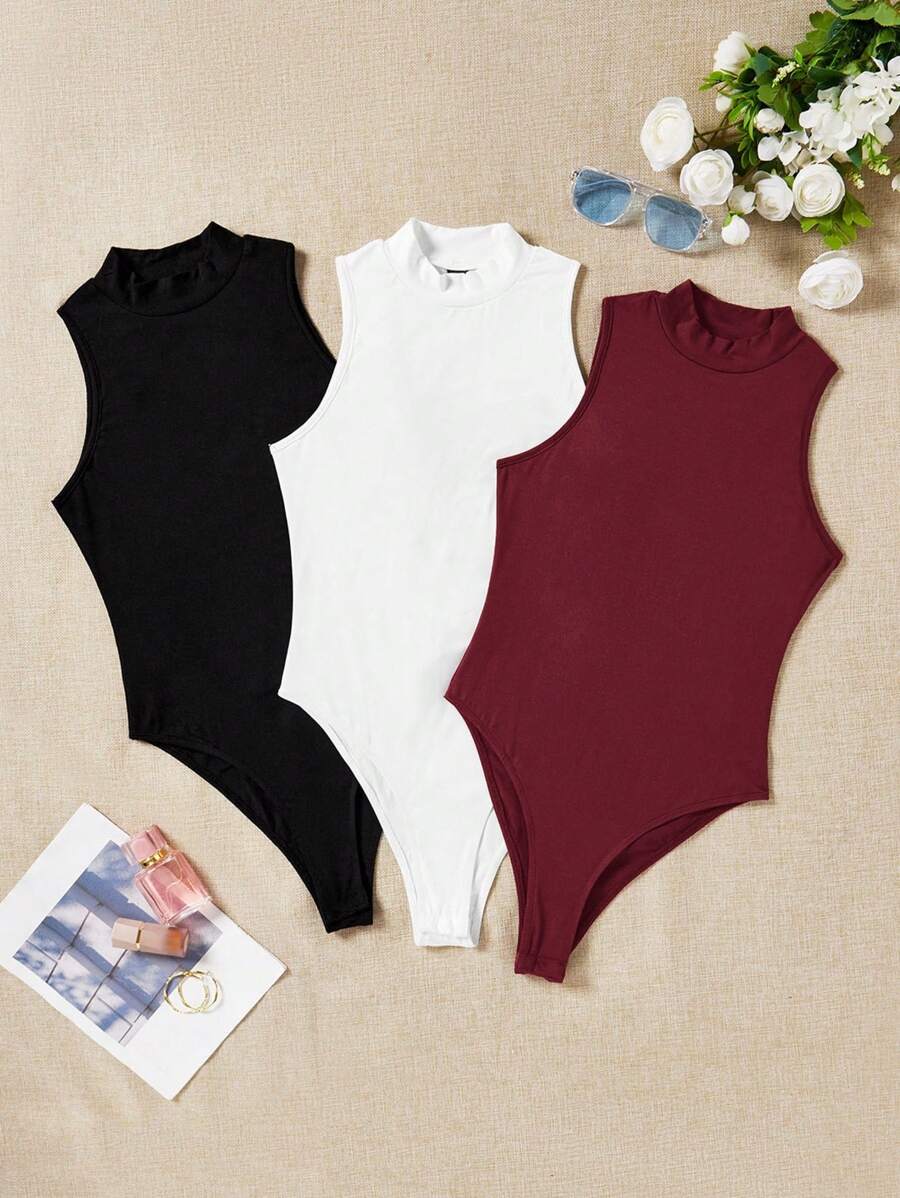 SHEIN EZwear 3pcs/Pack Women Black, White, Maroon Turtleneck Bodysuit Bodysuit, Casual Fitted Bodysuit Suitable For Summer