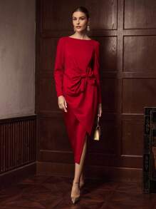 ZEYLAH 大蝴蝶结腰系带长袖连衣裙，优雅秋冬