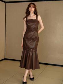 MOTF PREMIUM VESTIDO DE PU CON ENCAJE GUIPUR DE CONTRASTE - Marrón - Ver 6