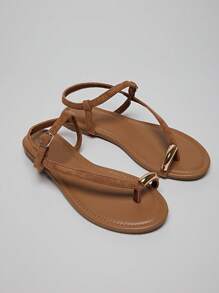 SHUZIA Women Comfortable Round-Toe Flat Sandal With Thin-Strap And Toe Ring For Daily Wear & Vacation - Camel - View 7