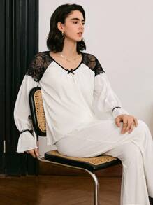 Moireta Set pijamale pentru femei, elegant, matur, din dantelă franceză, cu mânecă lungă, top și pantaloni, haine de toamnă - alb - Vizualizare 4