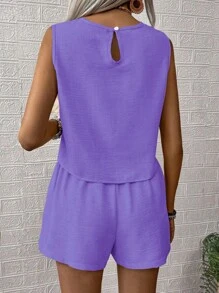 SHEIN PETITE 2 Pieces Set Women Sleeveless Round Neck Solid Color Top And Shorts, Fashionable For Summer - Purple - View 3