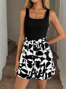 Easowa Hose mit quadratischem Ausschnitt, tailliert, mit Bindebund und weitem Bein, Jumpsuit mit farbblockigem geometrischem Muster für Damen, elegant und geeignet für Ausgehen und Urlaub