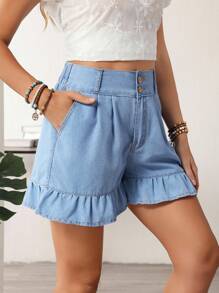 EMERY ROSE Women's Casual Washed Ruffle Hem Denim Shorts