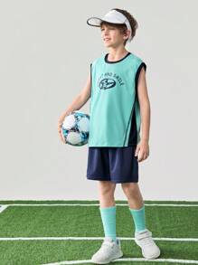 JNSQ 户外专业运动宽松背心，儿童圆领撞色拼接前趣味字母印花户外专业运动宽松背心上衣 - 藍色 - 查看 4