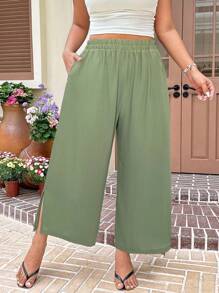 SHEIN EZwear Plus Size Mint Green Casual Loose Straight Leg Cropped Pants,Business Casual Woman, Split Hem Pants, High Waisted Pants, Wide Leg Pants, Summer Pants